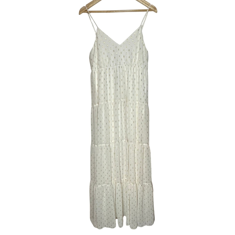 Express Tiered Maxi Dress Womens White Gold Metallic Foil‎ Clip Dot Boho Medium - Picture 2 of 14